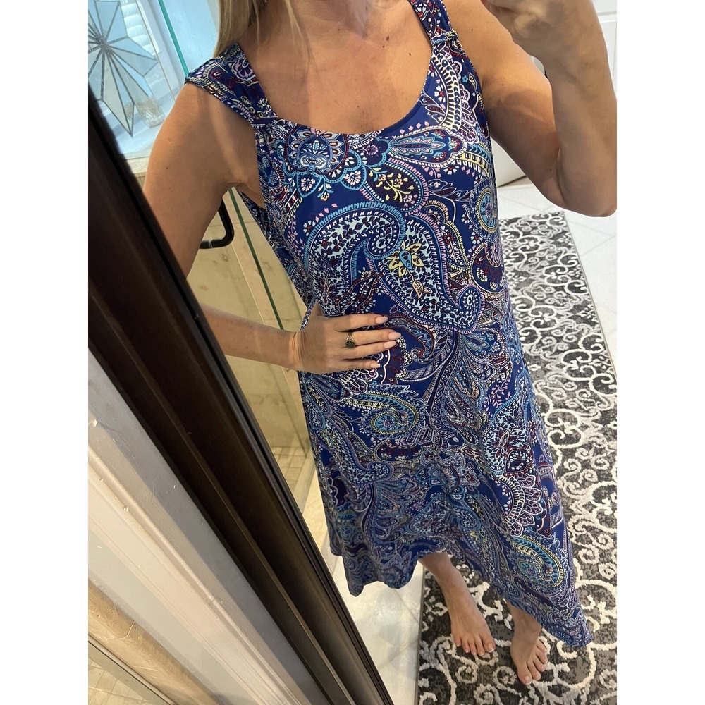 Chicos Stretch Jersey 2 L Blue Pink Paisley Print Sleeveless Shift Dress